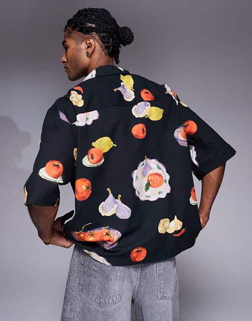 DESIGN Boxy Oversized Revere Printed Shirt In Black