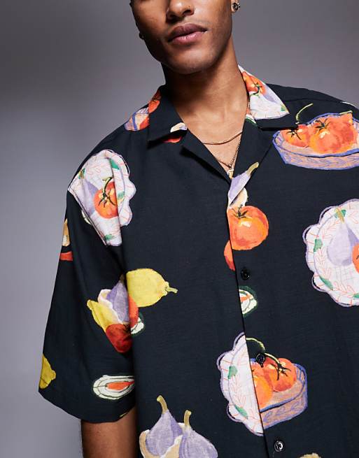 DESIGN Boxy Oversized Revere Printed Shirt In Black
