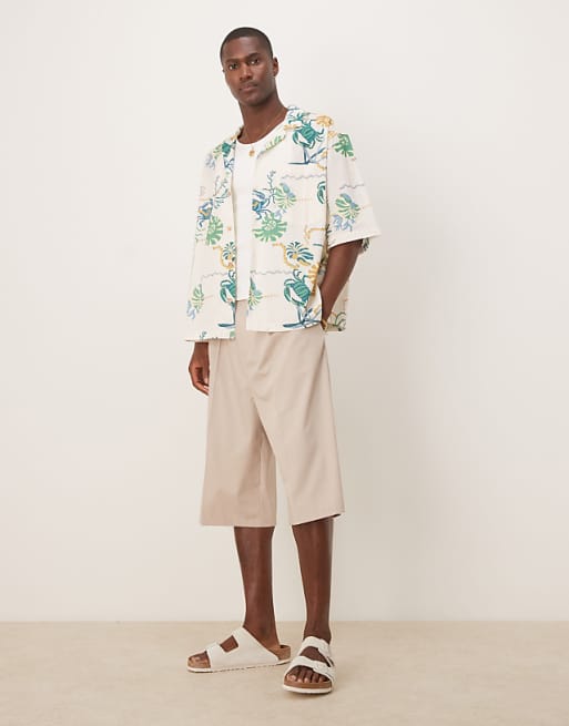 DESIGN Boxy Oversized Revere Printed Shirt In Neutral