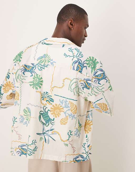 DESIGN Boxy Oversized Revere Printed Shirt In Neutral