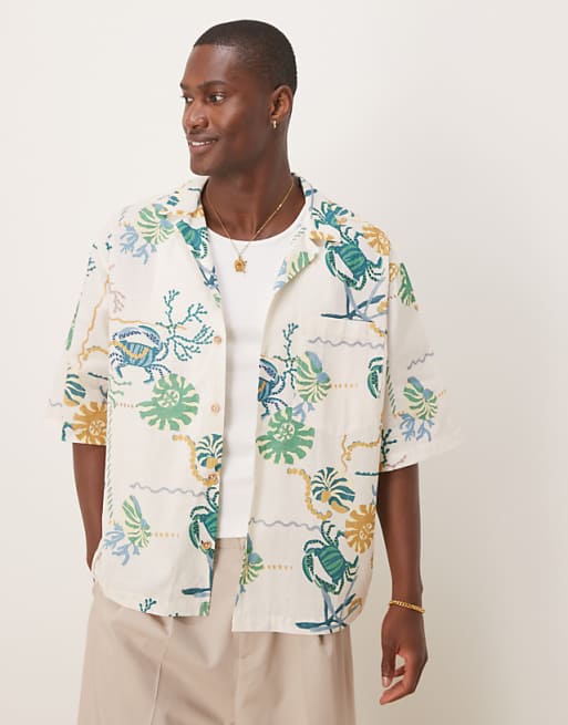 DESIGN boxy oversized revere printed shirt in neutral
