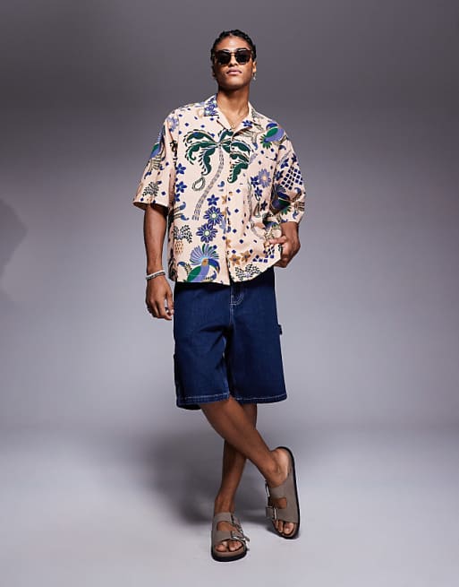 DESIGN Boxy Oversized Revere Printed Shirt In Beige