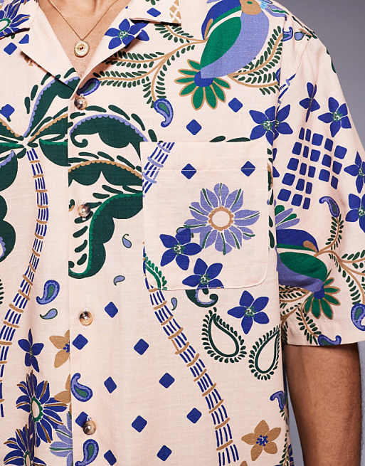 DESIGN Boxy Oversized Revere Printed Shirt In Beige
