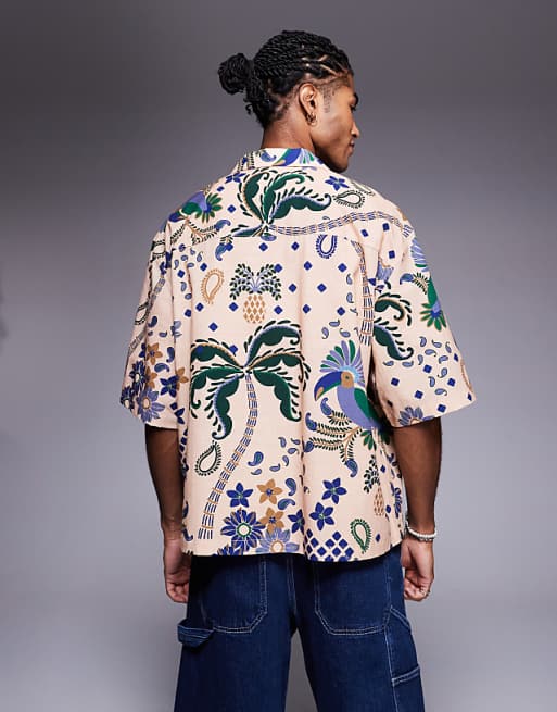 DESIGN Boxy Oversized Revere Printed Shirt In Beige