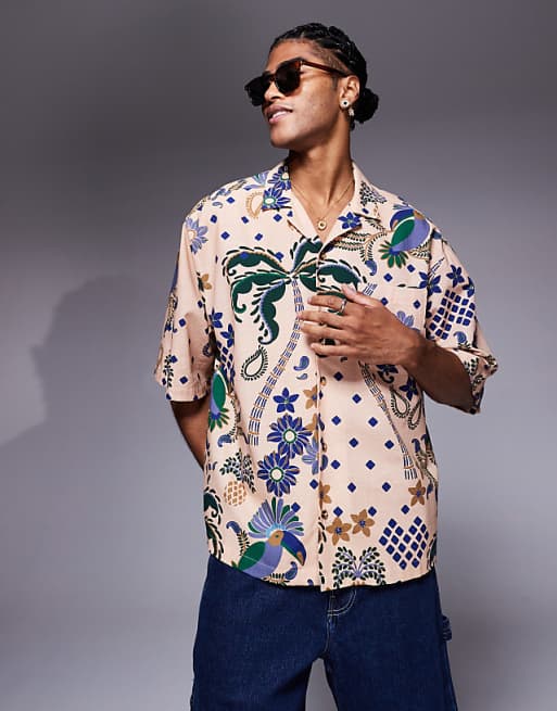 DESIGN boxy oversized revere printed shirt in beige
