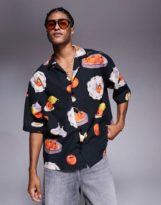 DESIGN boxy oversized revere printed shirt in black