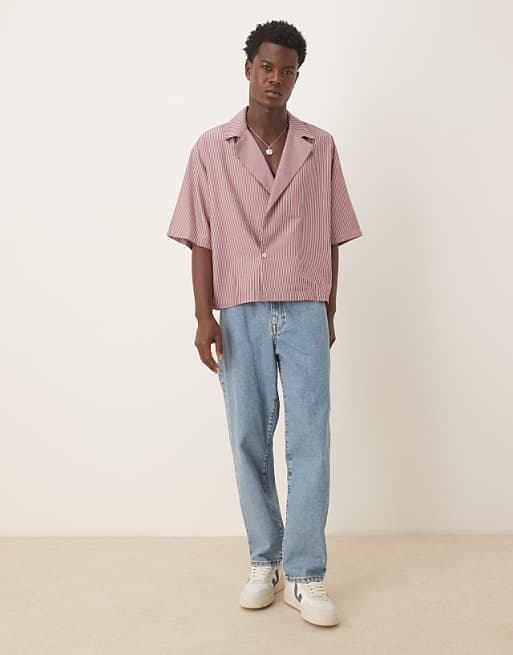 DESIGN Boxy Oversized Revere Shirt In Burgundy Stripe