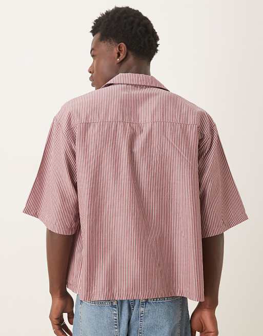 DESIGN Boxy Oversized Revere Shirt In Burgundy Stripe