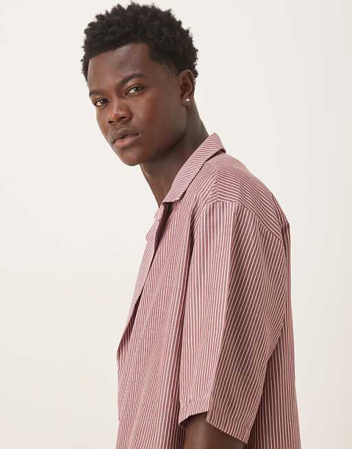 DESIGN Boxy Oversized Revere Shirt In Burgundy Stripe