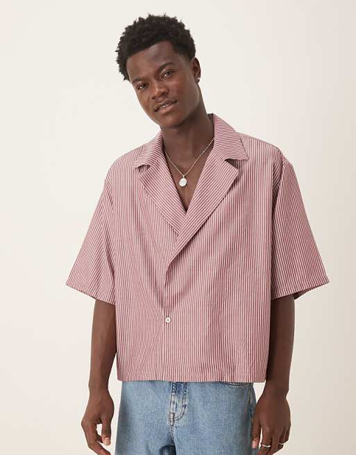DESIGN boxy oversized revere shirt in burgundy stripe