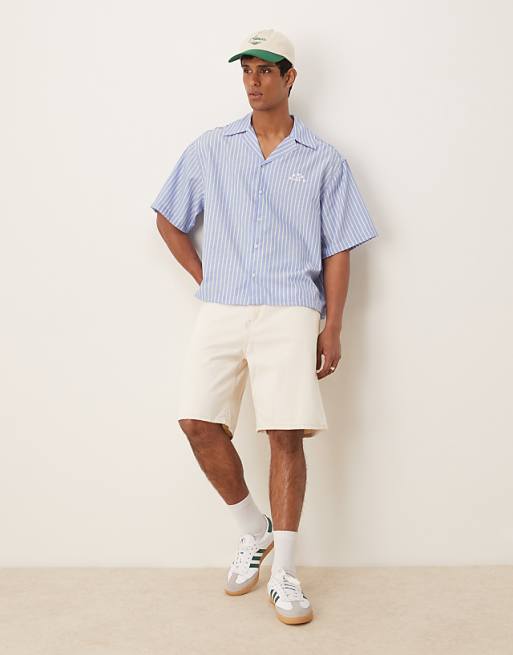 DESIGN Boxy Oversized Revere Shirt With Embroidery In Blue And White Stripe