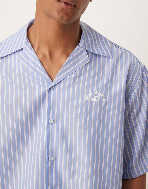 DESIGN Boxy Oversized Revere Shirt With Embroidery In Blue And White Stripe