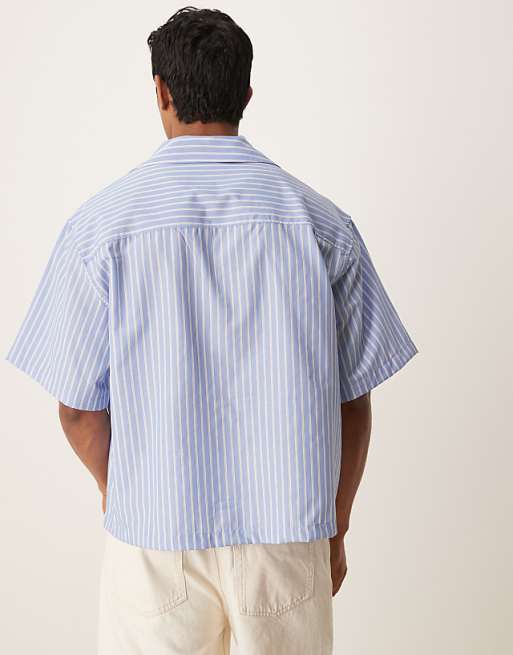 DESIGN Boxy Oversized Revere Shirt With Embroidery In Blue And White Stripe