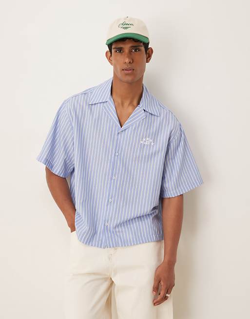 DESIGN boxy oversized revere shirt with embroidery in blue and white stripe