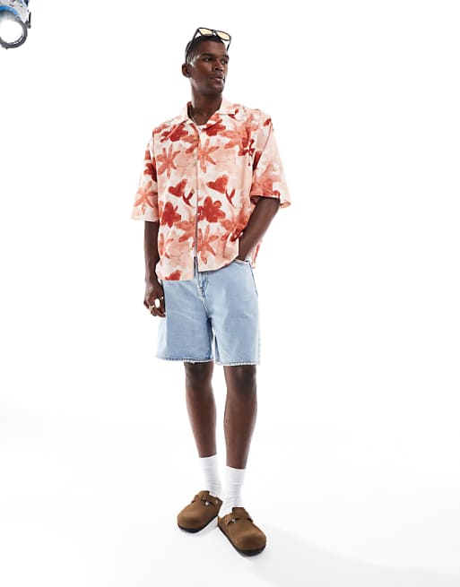 DESIGN Boxy Oversized Revere Shirt With Floral Print In Pink
