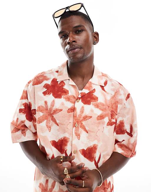 DESIGN Boxy Oversized Revere Shirt With Floral Print In Pink