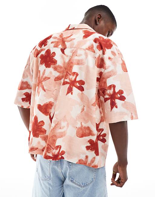 DESIGN Boxy Oversized Revere Shirt With Floral Print In Pink
