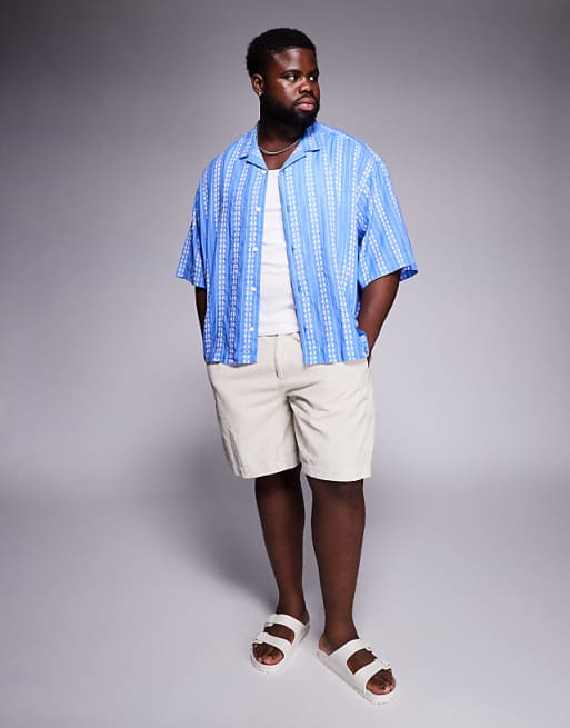 DESIGN Boxy Oversized Revere Shirt With Floral Jacquard In Blue