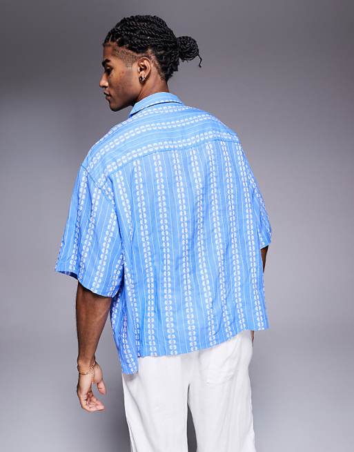 DESIGN Boxy Oversized Revere Shirt With Floral Jacquard In Blue