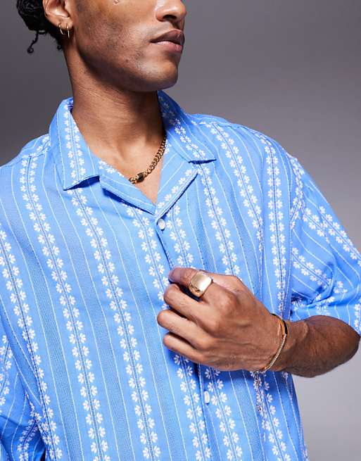 DESIGN Boxy Oversized Revere Shirt With Floral Jacquard In Blue