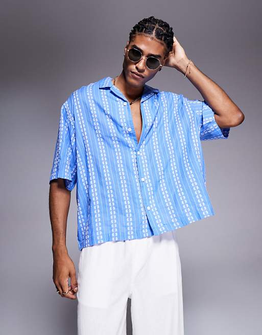 DESIGN boxy oversized revere shirt with floral jacquard in blue