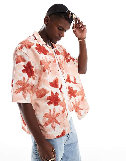 DESIGN boxy oversized revere shirt with floral print in pink