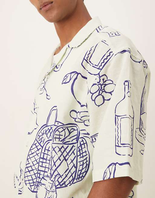 DESIGN Boxy Oversized Revere Shirt With Picnic Print In Cream