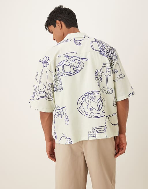 DESIGN Boxy Oversized Revere Shirt With Picnic Print In Cream