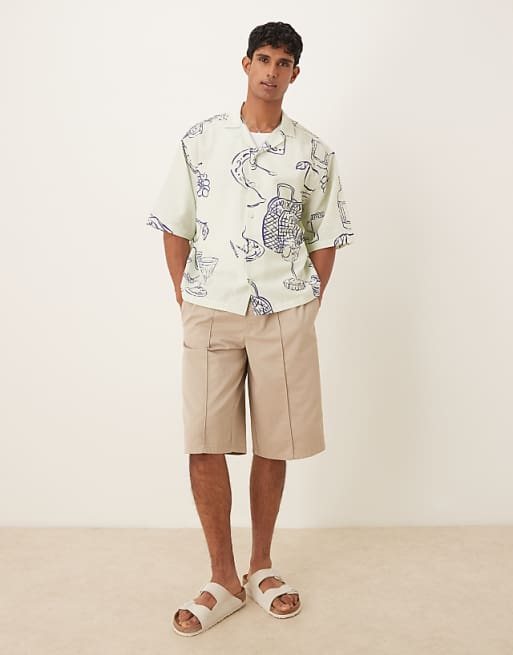 DESIGN Boxy Oversized Revere Shirt With Picnic Print In Cream