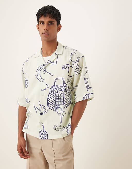 DESIGN boxy oversized revere shirt with picnic print in cream