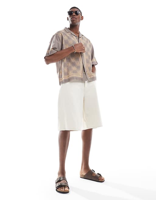 DESIGN Boxy Oversized Revere Shirt With Print In Brown