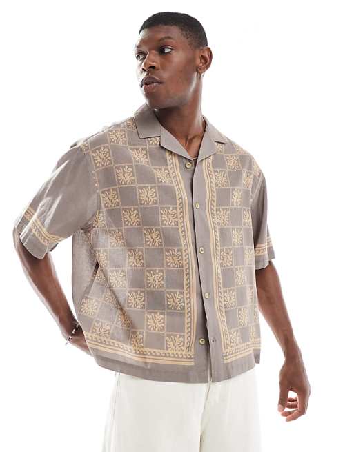 DESIGN boxy oversized revere shirt with print in brown