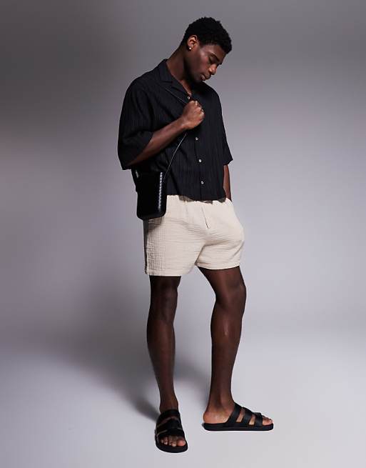 DESIGN Boxy Oversized Revere Textured Shirt In Black