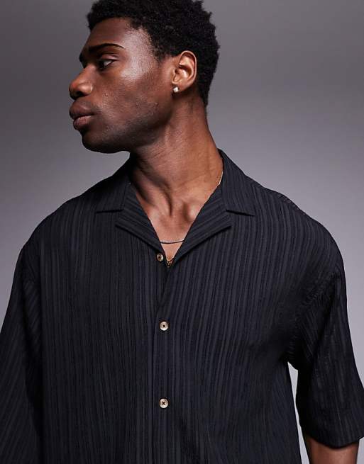 DESIGN Boxy Oversized Revere Textured Shirt In Black