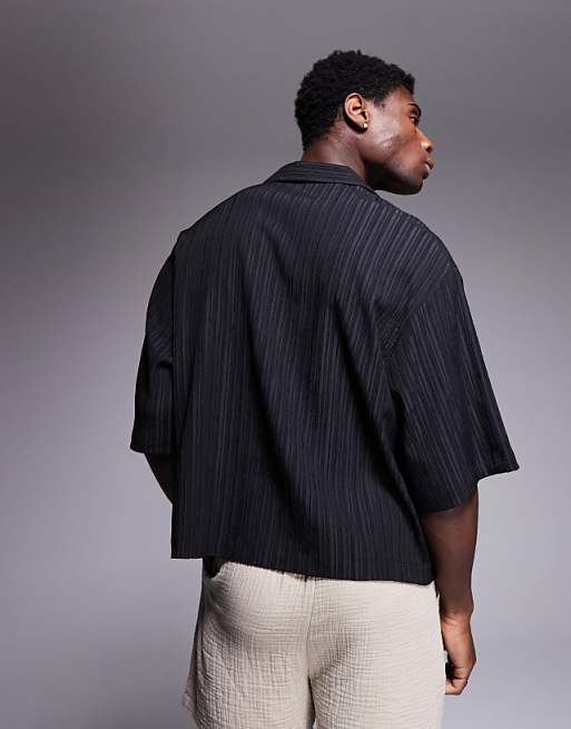 DESIGN Boxy Oversized Revere Textured Shirt In Black