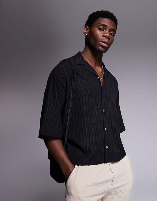 DESIGN boxy oversized revere textured shirt in black