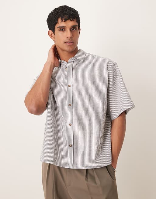 DESIGN boxy oversized seersucker shirt in black stripe