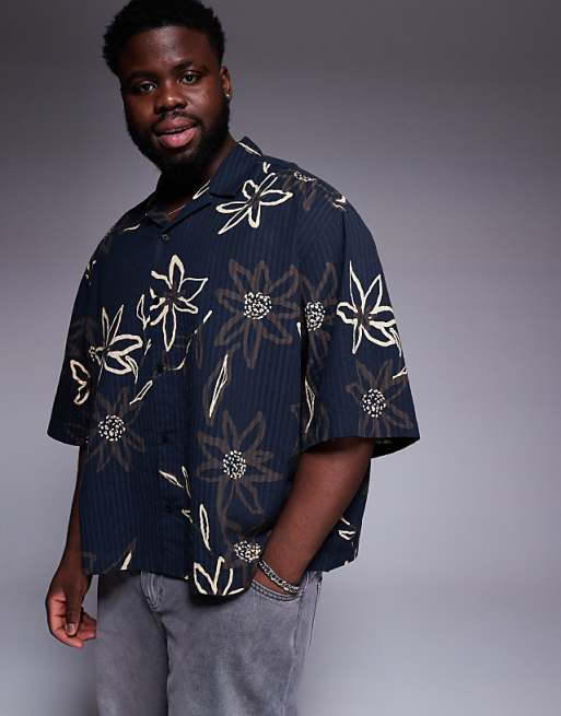 DESIGN Boxy Oversized Seersucker Shirt With Flower Print In Black