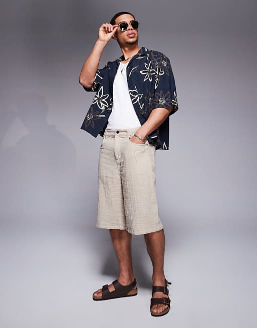 DESIGN Boxy Oversized Seersucker Shirt With Flower Print In Black