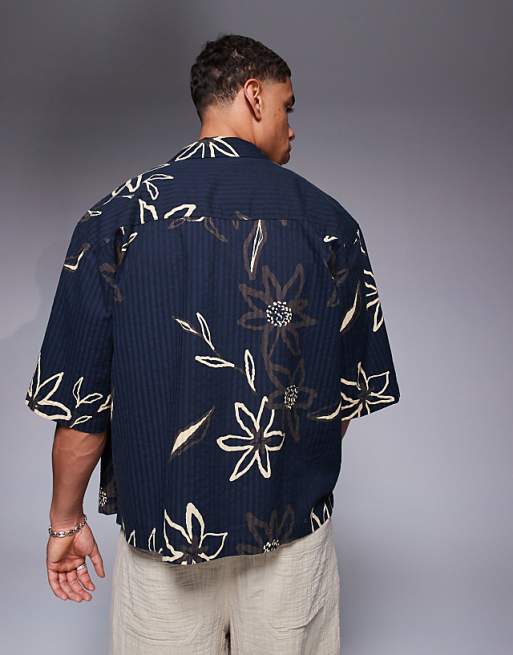 DESIGN Boxy Oversized Seersucker Shirt With Flower Print In Black