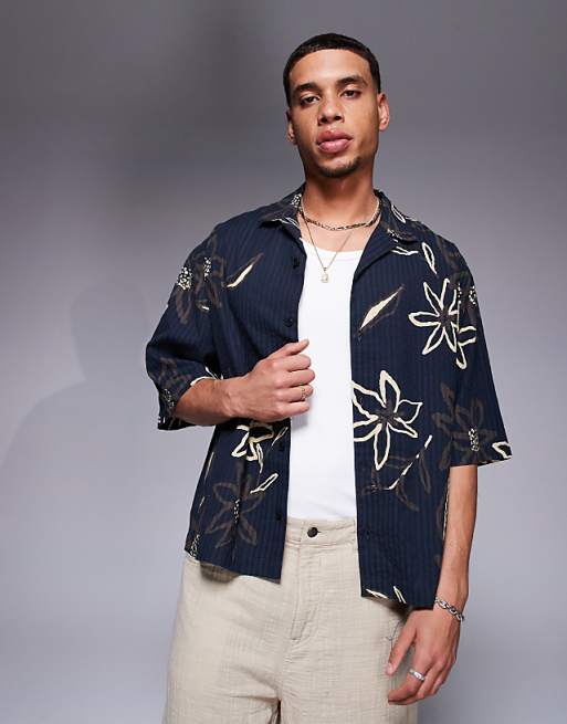 DESIGN boxy oversized seersucker shirt with flower print in black