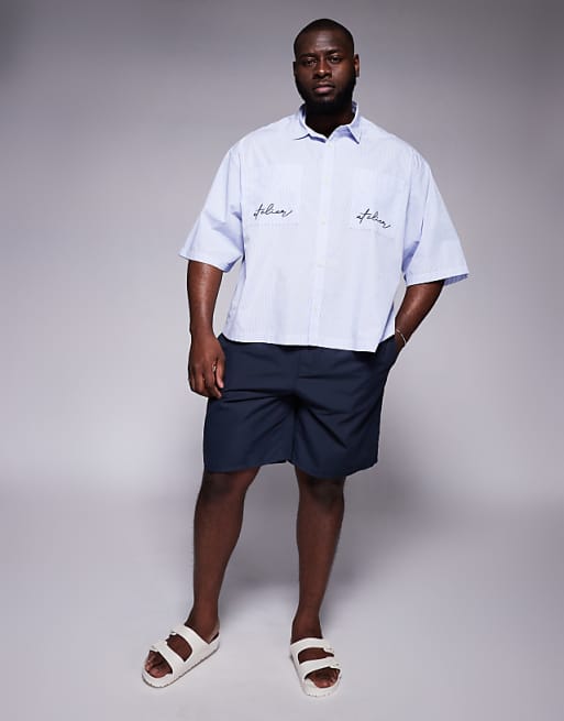 DESIGN Boxy Oversized Shirt In Blue And White Micro Check With Pocket Embroidery