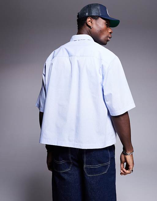 DESIGN Boxy Oversized Shirt In Blue And White Micro Check With Pocket Embroidery