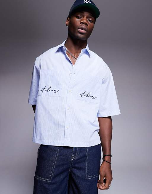 DESIGN boxy oversized shirt in blue and white micro check with pocket embroidery
