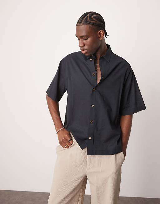 DESIGN boxy oversized shirt in linen look in black