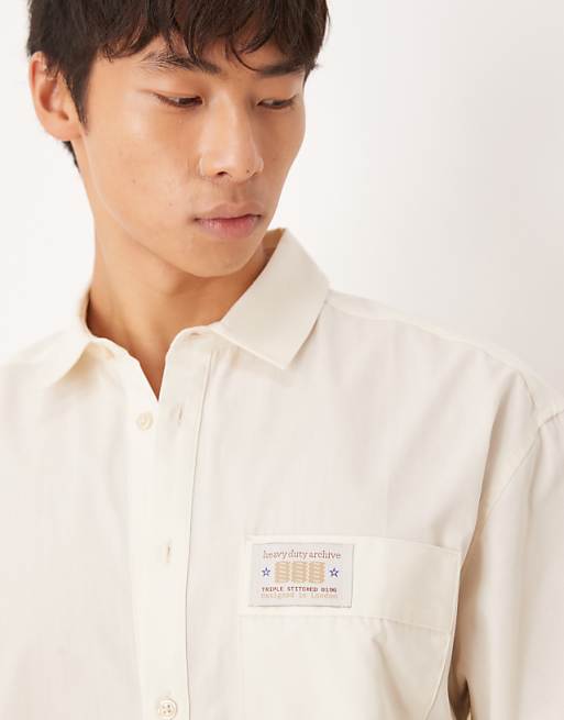 DESIGN Boxy Oversized Shirt With Chest Badge In Cream
