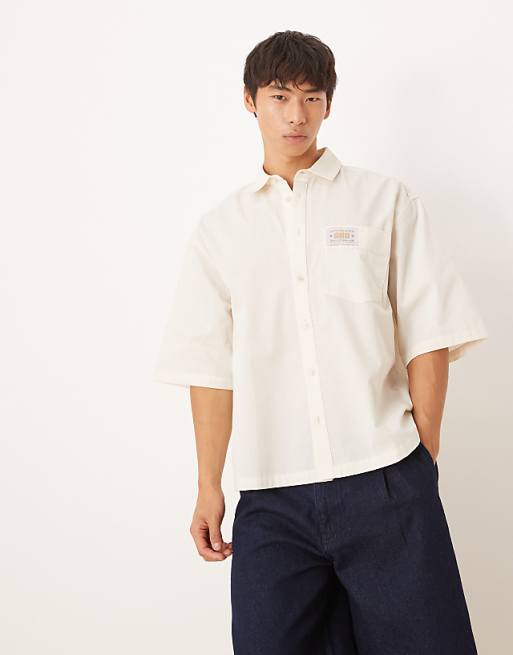 DESIGN boxy oversized shirt with chest badge in cream