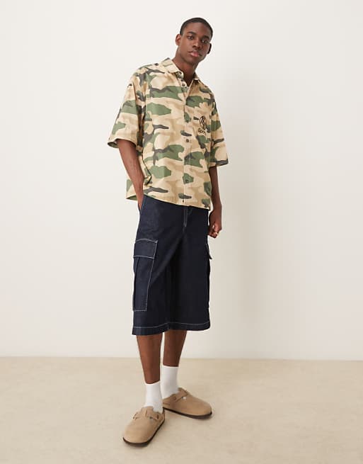 DESIGN Boxy Oversized Shirt With Chest Embroidery In Camo Print