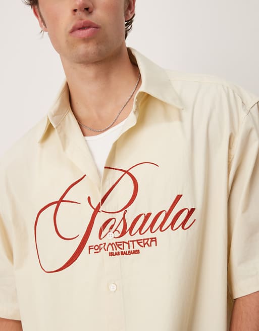 DESIGN Boxy Oversized Shirt With Chest Embroidery In Beige