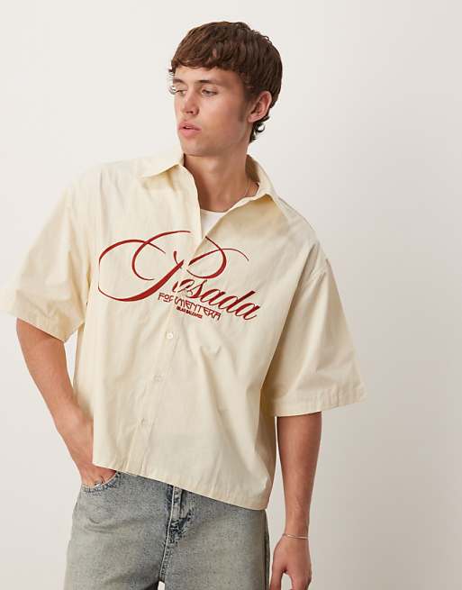 DESIGN boxy oversized shirt with chest embroidery in beige